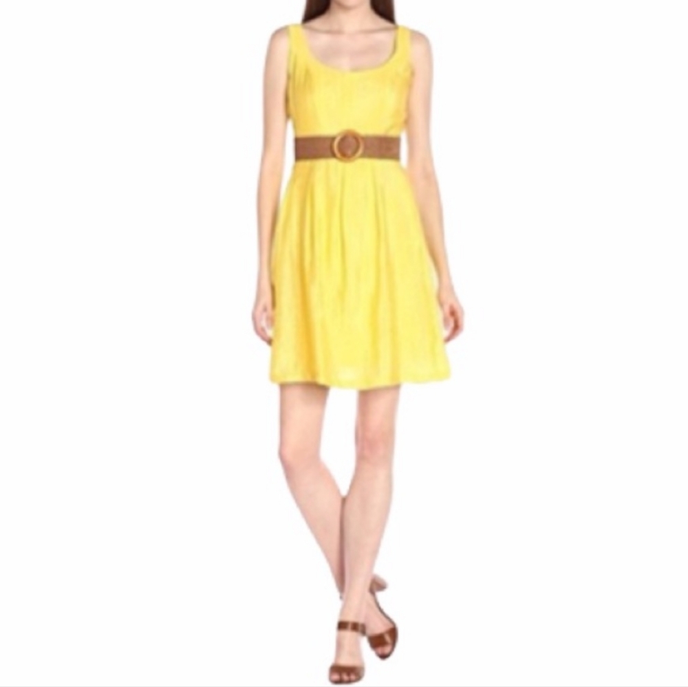 Nine West Yellow Flare Burnout Pleat Belted Sleeveless Dress Size 16